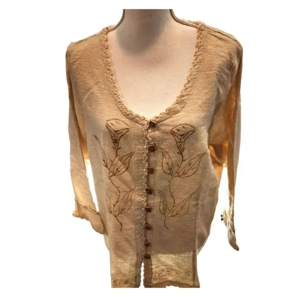 Vintage Beige Long Sleeve Wooden Button Up Embroidered Shirt Blouse XXL Linen